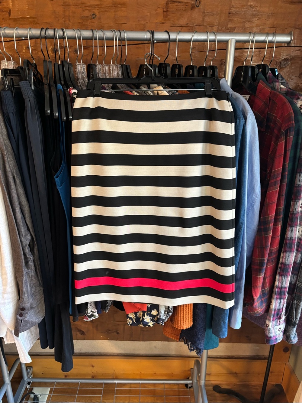 Diane Von Furstenberg Black and Beige Striped Pencil Skirt with Red Hem Stripe